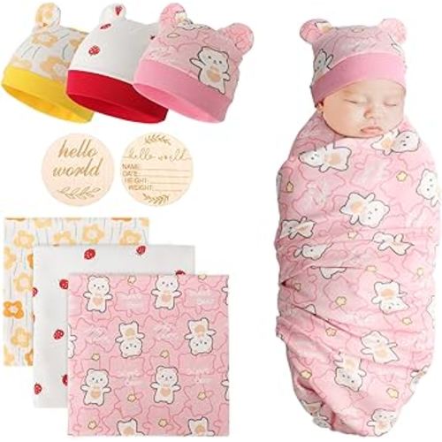 DRESHOW BQUBO Cotton Baby Swaddle Hat Set Newborn Infant Receiving Blankets with Bear Ears Hat Wooden Birth Announcement Card Newborn Unisex Swaddle Wrap Sets Warm Shower Gift