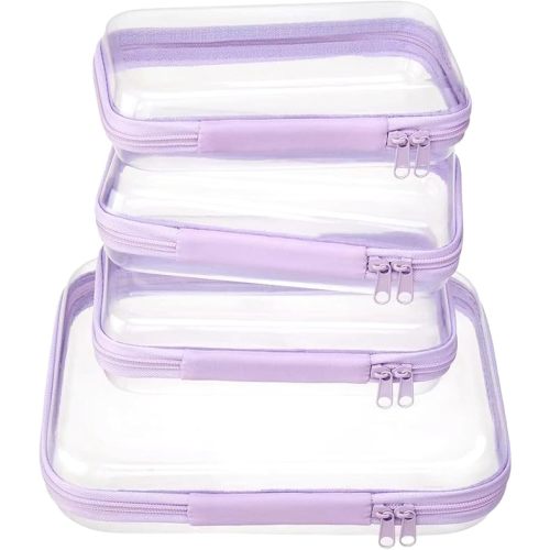 4 pcs Clear Zipper Pouches,Hard Shell Zipper Case, Toiletry Bag for Travel, CLear Diaper Bag, Toiletry Pouch, Travel Organizer, Cosmetic Bag,Toy Storage Bins (M+3S) (Lavender)