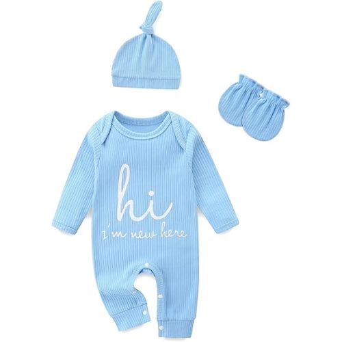 Newborn Girls and Boys Romper, Hi I’m New Here Long Sleeve Cotton Baby Clothes, Coming Home Outfit