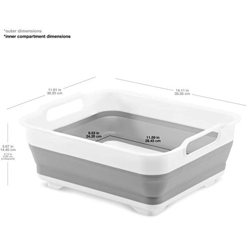 Madesmart Collapsible Dishwashing Basin with Handles, Plastic Pop-Up Dish Wash Basin for Kitchen Counters, Gray/White
