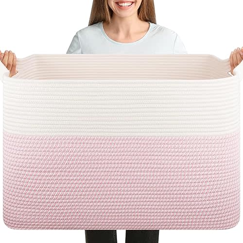 OIASKET XXXL Large Blanket Basket, 108L Cotton Rope Storage Basket for Living Room, Supre Large Toy Baskets for Kids, Woven Basket for Clothes, Towels, Pillows, 25" x 16" x 16", Pink and White