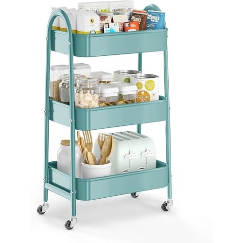 3 Tier Utility Rolling Cart, Metal Storage Cart with Handle and Lockable Wheels, Multifunctional Storage Organizer Trolley with Mesh Baskets for Kitchen, Living Room, Office, Garage (Green)
