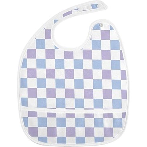 Baby Feeding Bibs for Boys Girls Blue Purple Checkerboard Button Newborn Infant Bibs Teething Bib 1 Pack