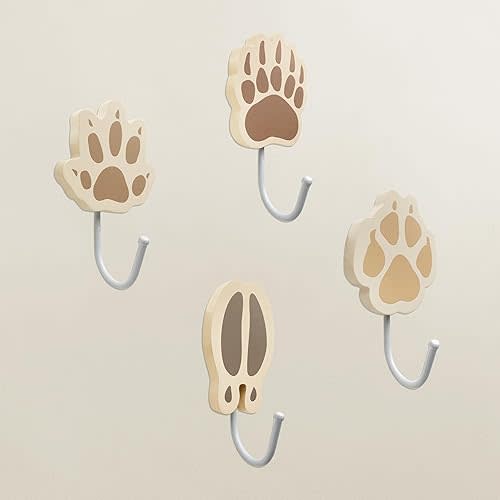 Four-Piece Set of Wooden Animals Tracks Hooks for Kids - Fox, Deer, Bear, Hedgehog, Woodland Boy Nursery Decor, Forest Nursery Kids Coat Rack Room Wall Mount Hooks, Baby Room Decor