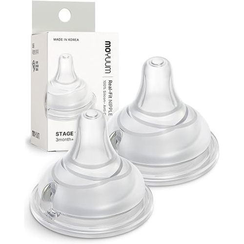 Moyuum Real-Fit Silicone Nipple for 3rd Gen PPSU Bottles, Made in Korea - Perfect for Newborn, Anti-Colic Feed, Easy to Latch, from Breast to Bottle Transition | Stage 2, Medium Flow, 3m+ (2 Pack)
