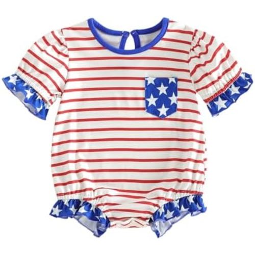 Newborn Baby Girl Summer Romper Infant Short Sleeve Ruffle Trim Striped Pocketed Shirt Bodysuit Outfit Clothes