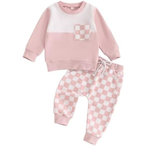 MoZiKQin Toddler Baby Boy Girl Clothes Checkered Color Block Long Sleeve Sweatshirt with Pants Set 2Pcs Fall Winter Outfits