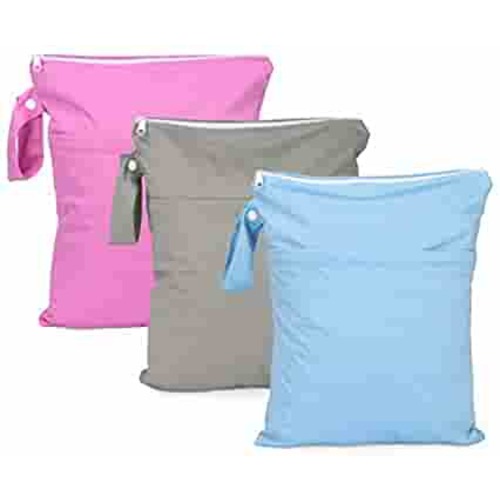 Seebel 3pcs Cloth Diaper Wet Dry Bags Waterproof Reusable with Two Zippered Pockets Stroller Travel Beach Pool Daycare Soiled Baby Items Yoga Gym Bag for Swimsuits or Wet Clothes (11" x 14.3")