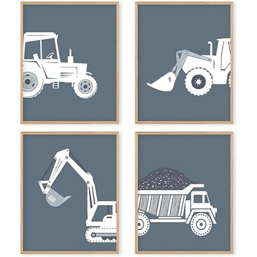 Boat Wades Truck Unframed Wall Art Prints,Tractor Vehicle Dump Truck Posters Prints Pictures,Boy Bedroom Wall Decor,Boys Room Decorations,Kids Playroom Decor,8x10 Inches Set of 4