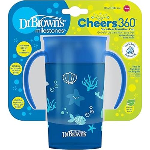 Dr. Brown's Milestones Cheers 360 Cup Spoutless Transition Cup with Handles for Easy Grip and Leak-Free Learning, 10 oz, Sea Blue