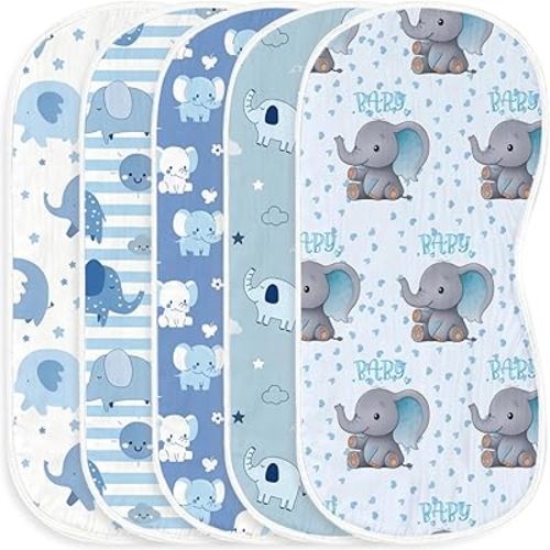 5pcs Elephant Burp Cloths for Baby Boys Girls Parent,100% Cotton Blue Elephant Themed Design Burp Rags, Muslin Burping Cloths Absorbent Spit-Up Cloths for Infant Newborns