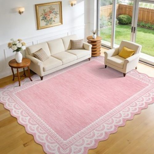 Garvee 5x7 Scalloped Bordered Area Rugs for Living Room, Lace Pattern Rug, Washable Non Slip Stain Resistant Soft Indoor Bedroom Rug