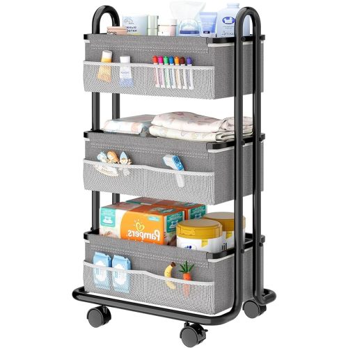 3-Tier Baby Diaper Caddy Organizer Cart, Mobile Nursery Storage Carts with Wheels, 3 Dividers & 6 Mesh Pockets Durable Metal Utility Cart for Nursery, Bedroom, Bathroom, Baby Essentials Organization