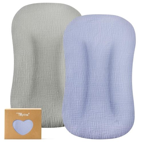 TILLYOU Muslin Baby Lounger Cover, 100% Cotton Newborn Lounger Cover, 2 Pack Baby Nest Slipcover for Boys Girls, Cover Only, Grey and Blue