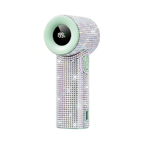 Portable Handheld Fan, Luxury Diamond Turbo Mini Fan with Digital Display, 5 Speeds USB-C Rechargeable Personal Fan for Women Men, Small Pocket Fan for Travel, Makeup, Outdoor (Rainbow-Green)