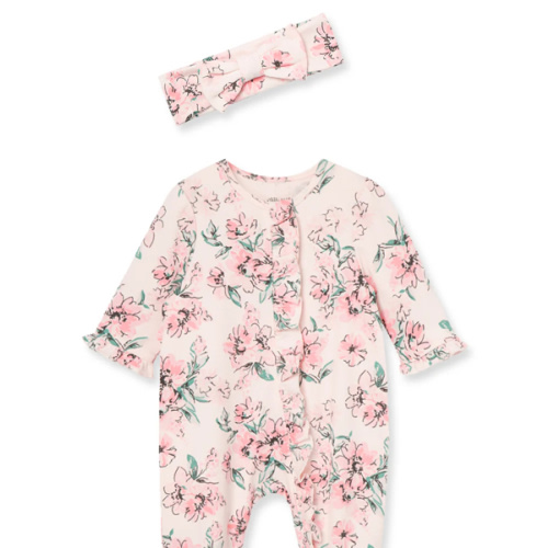 Dream Floral 2-Way-Zip Footed One-Piece and Headband