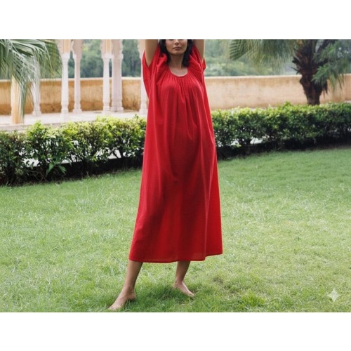 Red Organic Cotton Voile Nightgown - Handmade Victorian Sleepwear - Soft Cotton Nightie