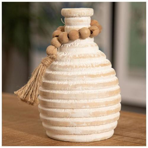 White Wood Vase With Beaded Loop