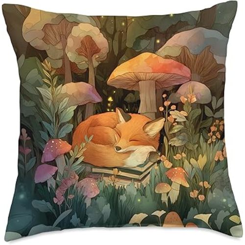 Fox Sleeping in Forest with Books Mushrooms Cozy Cottagecore Throw Pillow