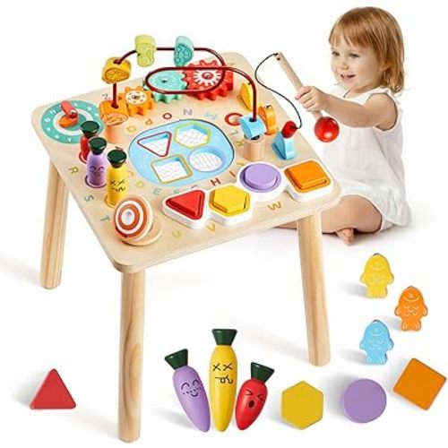 VEVOR Montessori Activity Table for Toddler 1-3 Years Old, 8 in 1 Wooden Learn Activity Desk, Baby Play Table for Boys & Girls Aged 6+ Months, Great Birthday, Christmas, Children's Day Present