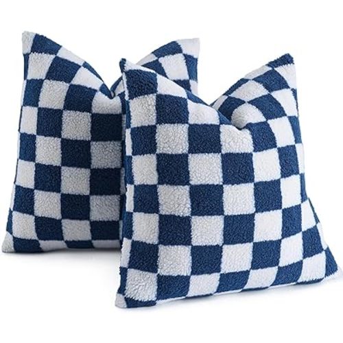 AmHoo Pack of 2 Decorative Throw Pillow Covers Checkerboard Luxury Super Soft Faux Fur Wool Set Case Cushion for Couch Sofa Bedroom 18 x 18-Inch Navy Blue