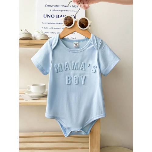 SHEIN Playful Pals Baby Boy Infant Newborn 0-3 Years Old Casual Daily In/Outdoor Graphic "MAMA'S BOY" Short Sleeve Knitted Bodysuit, Cotton Material | SHEIN USA