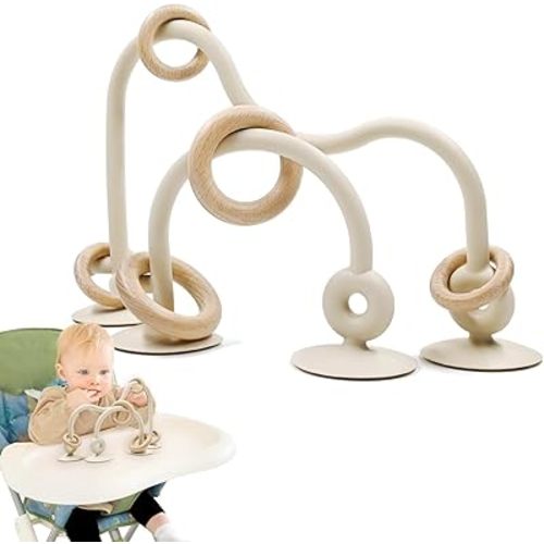 Baby Sensory High Chair Suction Toys for Infant Toddlers 12 18 24 Months, Food Grade Silicone String with Oak Loop Montessori Educational Baby Bath Toy Gifts (Beige)