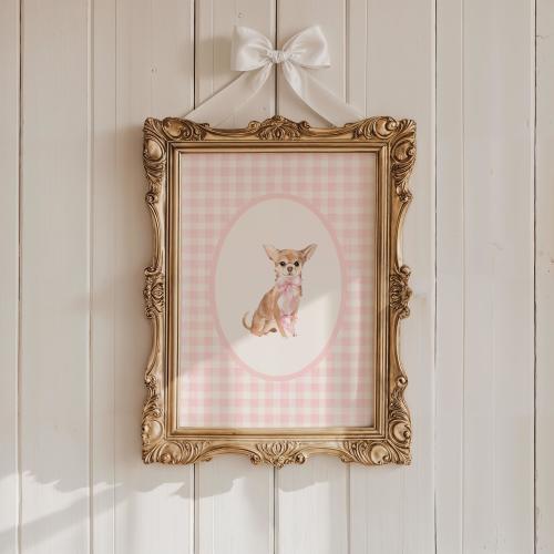 Chihuahua Dog Art Print, Coquette Puppy Wall Decor for Girls Bedroom, Pink Gingham Chihuahua Illustration, Cottagecore Dog Lover Gift