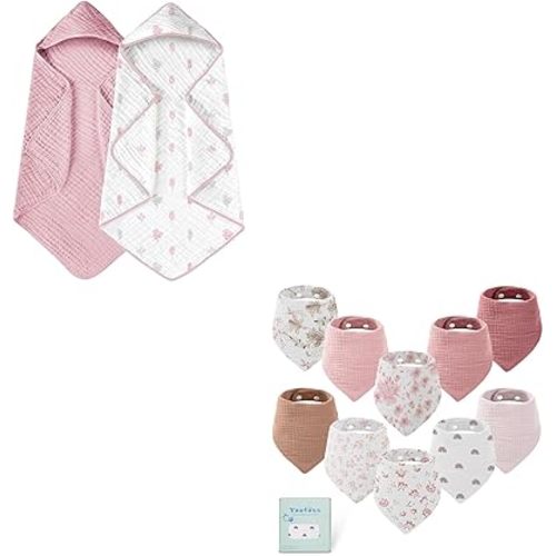 Yoofoss Hooded Baby Towels for Newborn 2 Pack 100% Muslin Cotton & Muslin Baby Bibs 10 Pack Bandana Bibs 100% Cotton