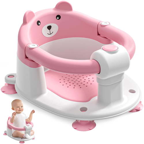 Soluxeo Baby Bath Seat for Babies 6 Months & up, Non-Slip Toddler Bath Seats for Babies Sitting Up with 4 Suction Cups & Soft Cushion for Shower(Pink)