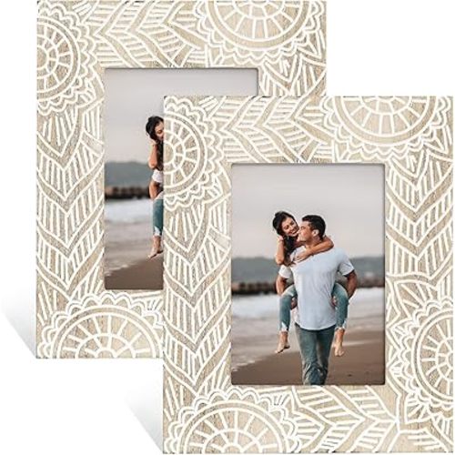Boho Picture Frames 4x6, 2 Pack Engraved Farmhouse Wedding Picture Frame, Bohemia Decorative Photo Frame with Stand for Tabletop Shelf Decor, Unique Gift for Family Friends Mother's Day