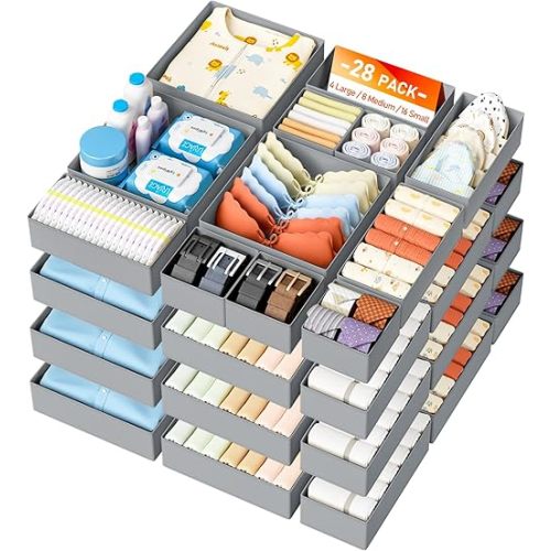 DIMJ Drawer Organizer Clothes 28 Pack - Foldable Baby Organizers and Storage & Closet Organizers for Bedroom, Closet - Nursery Organization Dresser Dividers for underwear, Sock,Bra, Belt, Tie,Gray