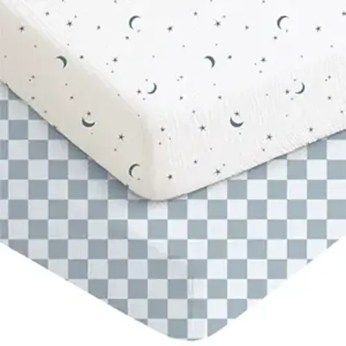 Konssy Muslin Crib Sheets for Boys, Soft Cotton Neutral Baby Sheets for Standard Crib Mattress 2 Pack, 52"x28" (Dreamfield Sky,Baby Blue Plaid)
