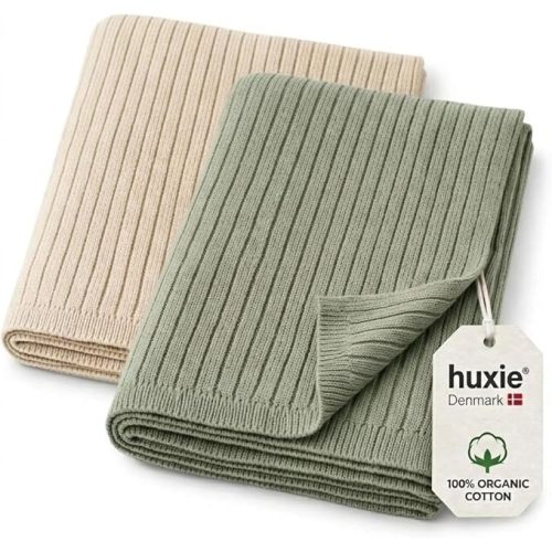 100% Organic Cotton Knit Receiving Baby Blanket for Newborns - Soft, Breathable Blanket for Crib & Stroller - Nursery Gift 2-Pack (Ribbed Fog/Roman Green)