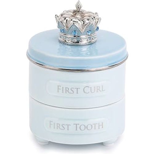 First Tooth and Curl Soft Blue 4 x 3 Ceramic and Pewter Baby Keepsake Box, 1 Count (Pack of 1)