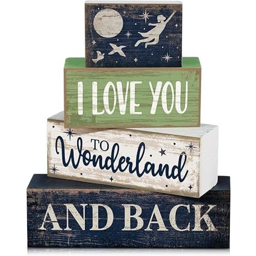 Lineshading 4 Pcs Fairy Tale Nursery Wooden Stacked Signs Decor - "i Love You to Wonderland and Back" Wooden Signs, Rustic Tabletop Decor for Newborn Baby Bedroom Playroom Baby Shower Gifts
