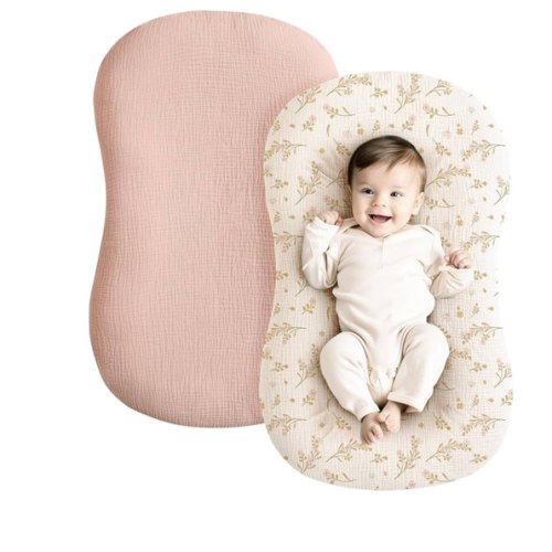 Konssy Muslin Baby Lounger Cover 2 Pack, 100% Cotton Newborn Lounger Cover, Soft and Breathable Baby Nest Slipcover for Boys Girls (Pink, Floral)