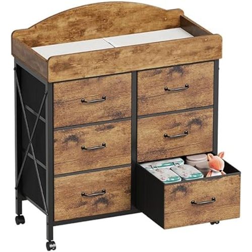 Baby Changing Table Dresser with Wheels, 6-Drawer Baby Dresser with Changing Table Top, Waterproof Diaper Changing Station & Pad, Mobile Nursery Storage Unit, Baby Furniture, Rustic Brown