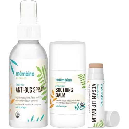 Mambino Organics Outdoor Set, DEET-Free Anti-Bug Spray, Soothing Balm, Vegan Lip Balm, Organic Ingredients, No Animal Testing, 4 fl oz