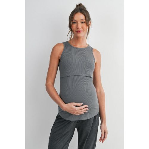 Hello Miz Women's Ribbed Sleeveless Maternity Nursing Tank Top with Lift-Up Panel - Olive - Medium