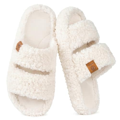 EverFoams Womens Fuzzy Open-toe Slippers Soft Comfy Memory Foam Indoor House Shoes