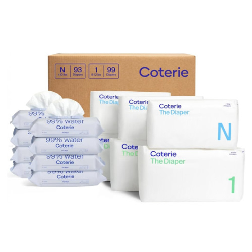 Coterie Baby Wipes + Diapers Kit, Size 1 (99 Count) & Size Newborn Diapers (93 Count), 8 Pack (448) Baby Wipes with 99% Water, Plant Based Materials, Hypoallergenic for Sensitive Skin
