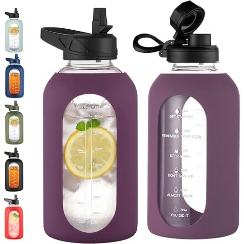 CIVAGO 64 oz Glass Water Bottle Jug with Straw and Handle, Half Gallon Sports Motivational Water Bottle with Time Marker, Wide Mouth Flask Canteen with Silicone Sleeve for Gym, Mauve