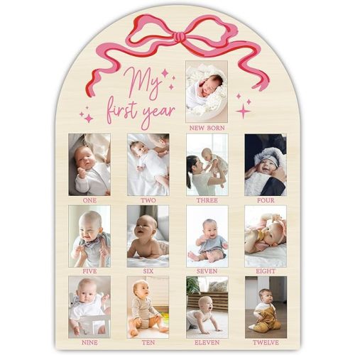 My First Year Milestone Photo Board, One Year of Wood Photo Board, 12 Monthly Baby Picture Frame, Pink Bow Nursery Decor, Girl Boy 1st Birthday Decorations, Baby Shower Keepsake Best Gift-A16