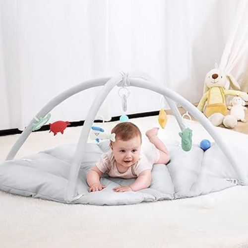 ANGELBLISS Baby Play Gym Mat, Reversible Tummy Time Mat with 6 Sensory Toys for Stage-Based Developmental, Thick & Large Baby Activity Center from Newborn to Toddler (Grey)