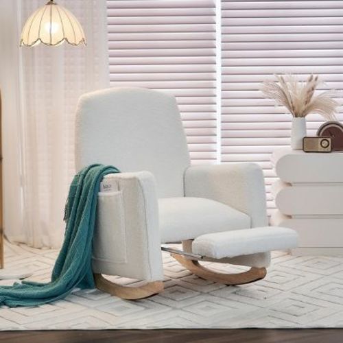 Modern Ivory Teddy Fabric Rocking Accent Chair with Adjustable Footrest, Upholstered Glider Chair for Living Room, Bedroom & Reading Nook-Panipeachy