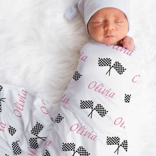 Checkered Race Flag Baby Swaddle Blanket: Personalized Girl Gift