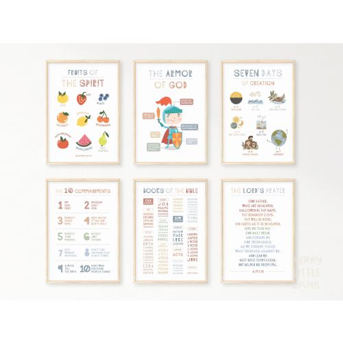 Books of the Bible 10 Ten Commandments Art Prints Set, Kids Scripture Poster, Christian Preschool Church Sunday School Decor
