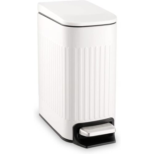 TrashAid Slim Bathroom Trash Can with Lid Soft Close, 6 Liter/1.6 Gallon Stainless Steel Small Garbage Can with Removable Inner Bucket, Step Pedal, Slim Wastebasket for Toilet, Office, Bedroom, White