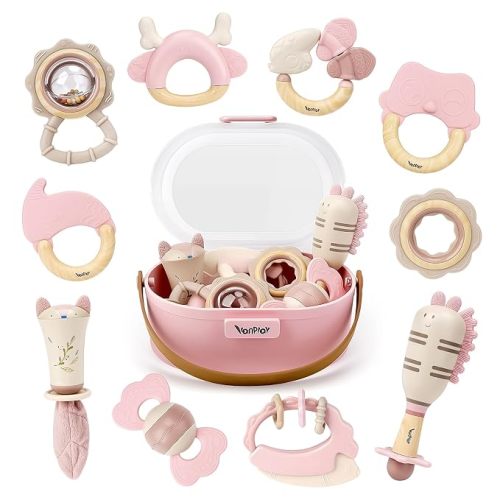 Baby Toys 0-6 Months, Baby Rattles, Teething Toys 3-6 Months, Infant Toys 6-12 Months, 10PCS Pink Sensory Rattles & Teethers with Storage Box, Newborn Shower Gift Girl